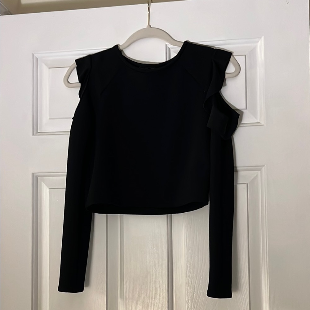 Cut-out shoulder Black Ruffle Sleeve Women's Top